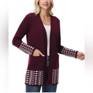 Frye Deep Burgundy Open-Front Cardigan with Patterned Trim